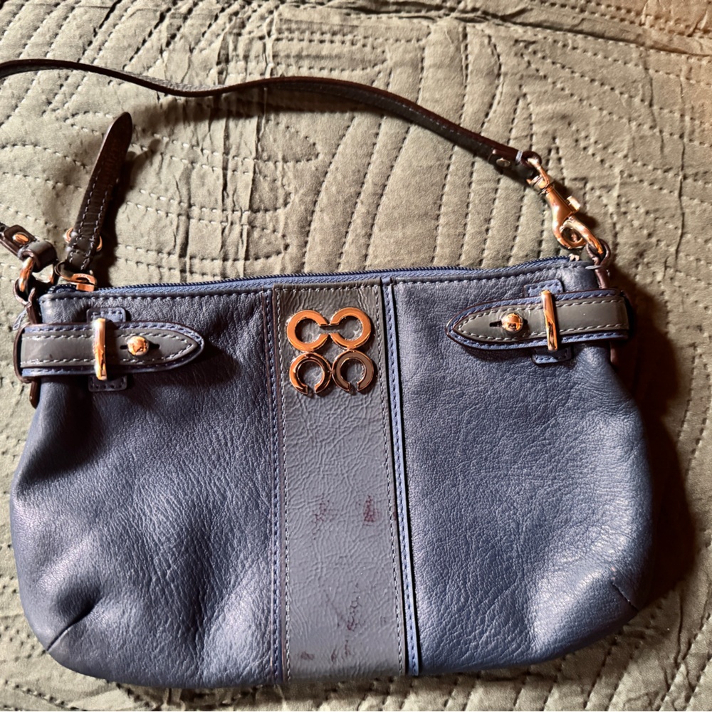 Project Coach Navy Leather Wristlet with Gold Accents